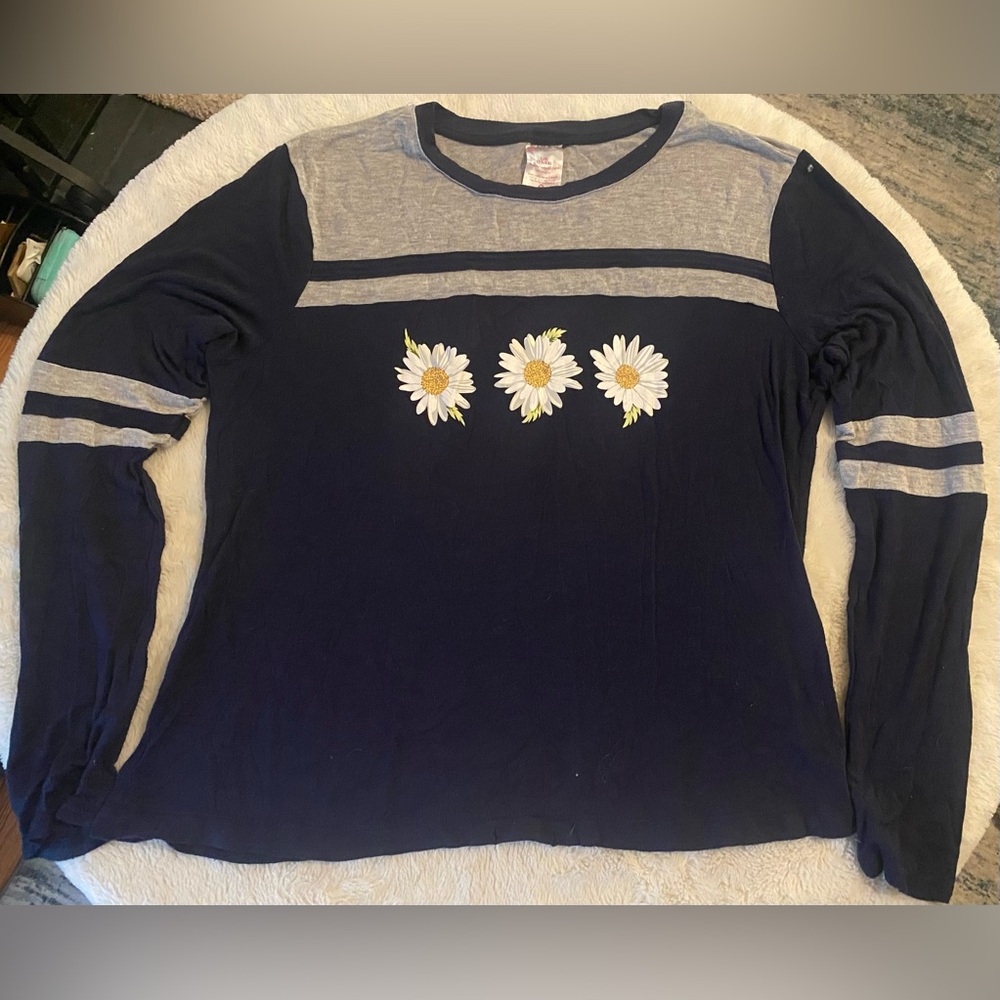 No Boundaries Navy and Gray Long Sleeve Top with Daisy Design